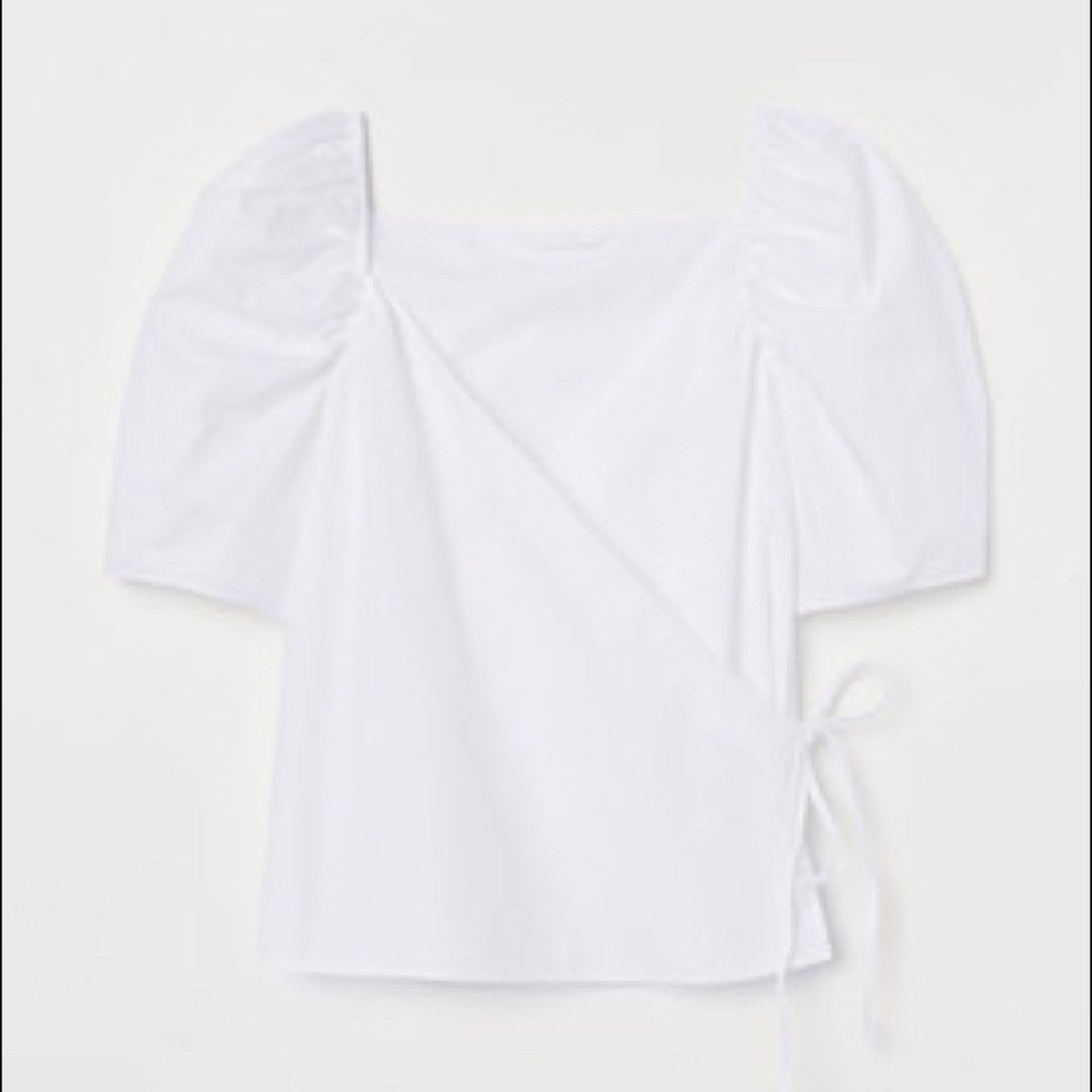 H&M white wrap top puff sleeve cotton shirt blouse